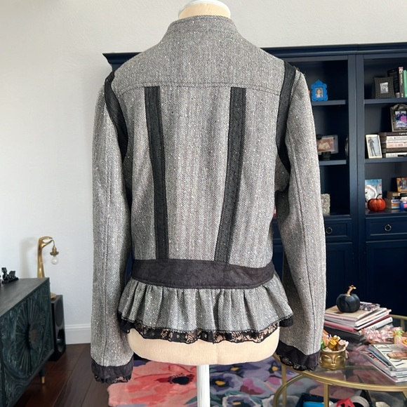 Anthropologie H.E. Tweed metallic black & gray with lace and flowers blazer, L - Picture 6 of 8